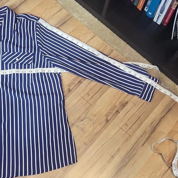 CORAL BAY Blue White Stripe Roll-Tab Pocket Blouse - Picture 10 of 12